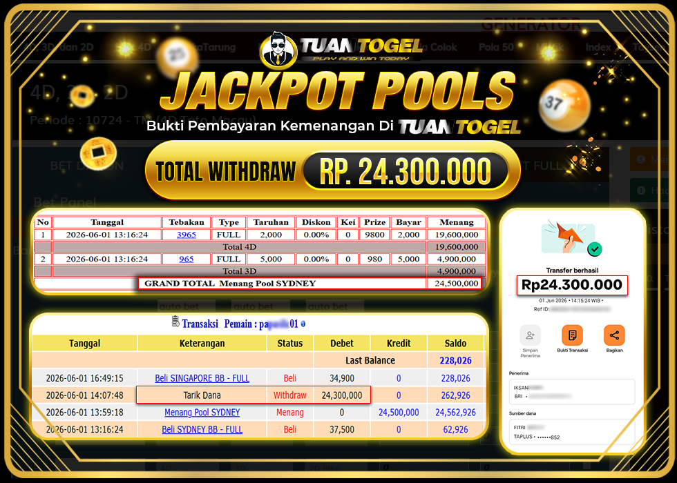 TUANTOGEL JACKPOT TOGEL SYDNEY Rp24.300.000,- LUNAS